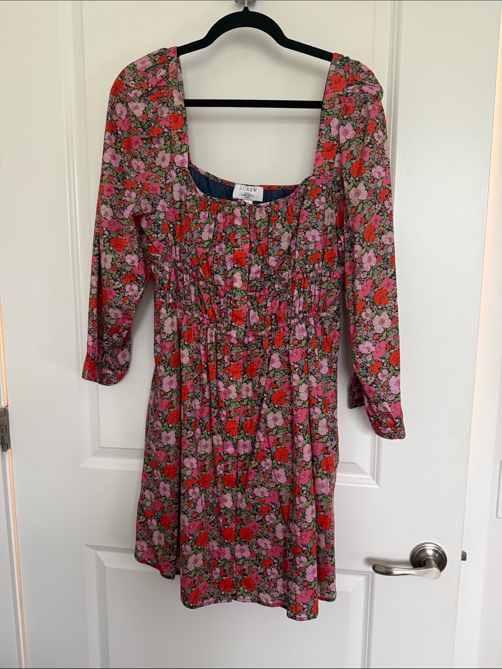 J. Crew Pink and Red Floral Square-Neck Long Sleeve Dress
